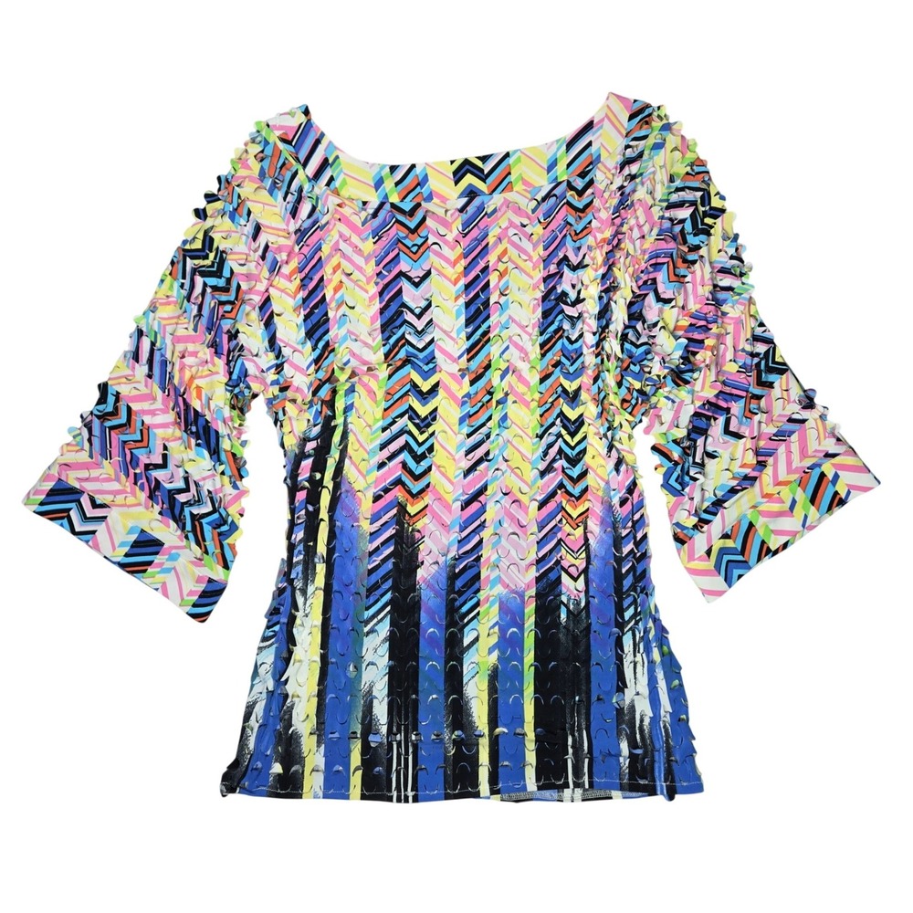 Alberto Makali Women Small Multicolor Chevron Laser Cut Beaded 3/4 Sleeve Top‎ - Picture 2 of 7
